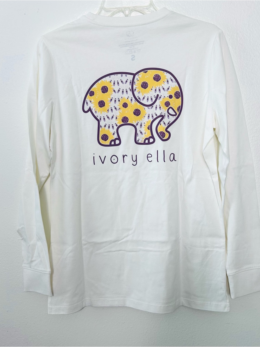 NWOT ivory ella Cream Long Sleeve Tee with Yellow & Purple Elephant Graphic